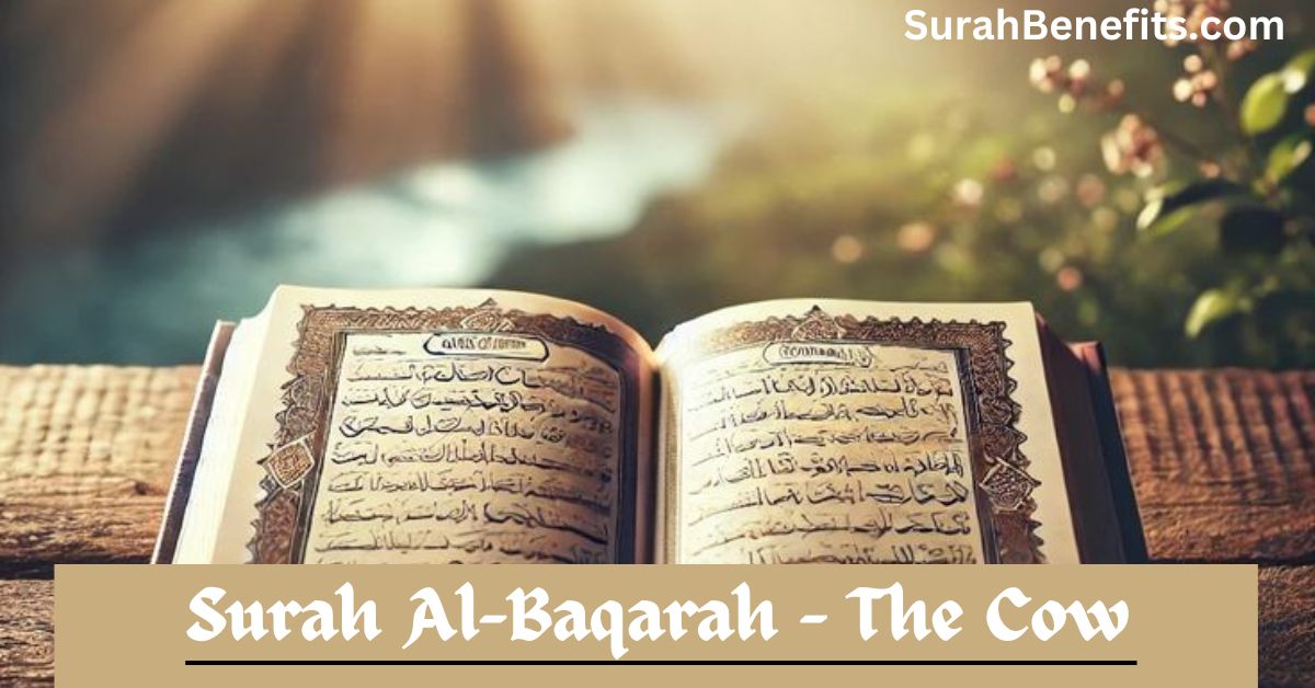 Elegant text of 'Surah Al-Baqarah' displayed beneath an open Quran, set against a luxurious golden background, symbolizing the sacredness and significance of the chapter.