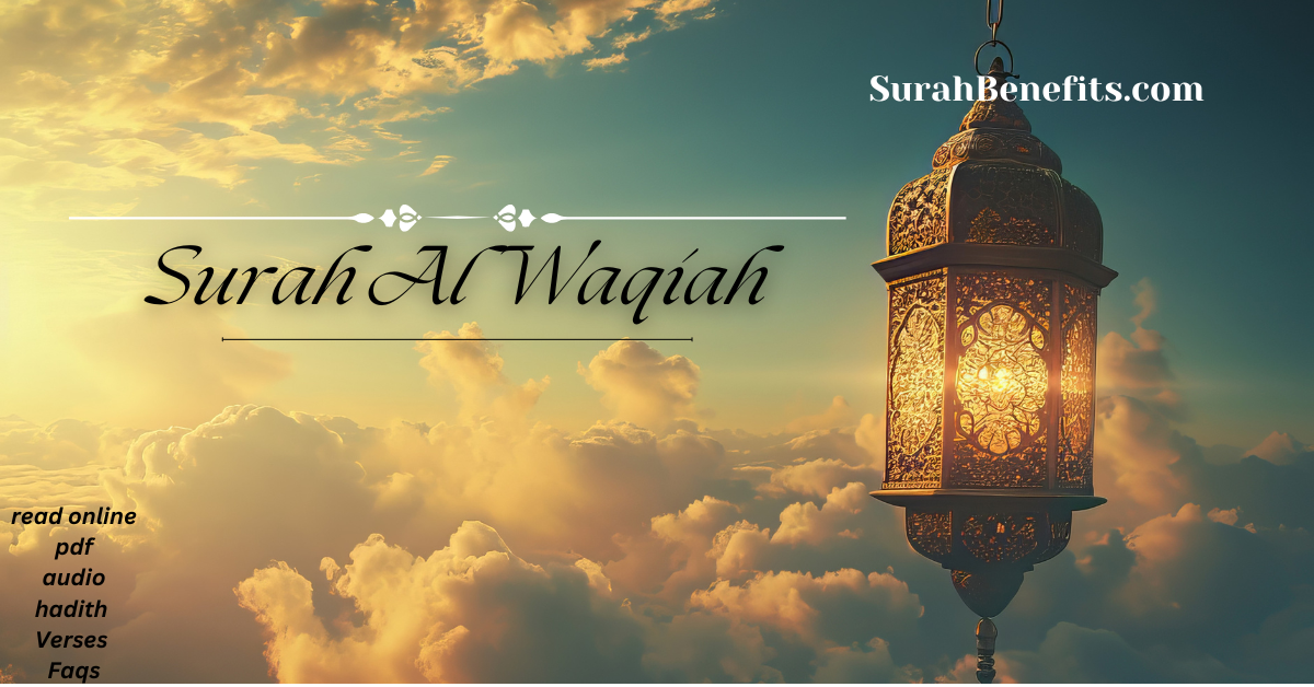 Surah Waqiah with online reading, PDF download, audio, benefits, hadith, and FAQs.