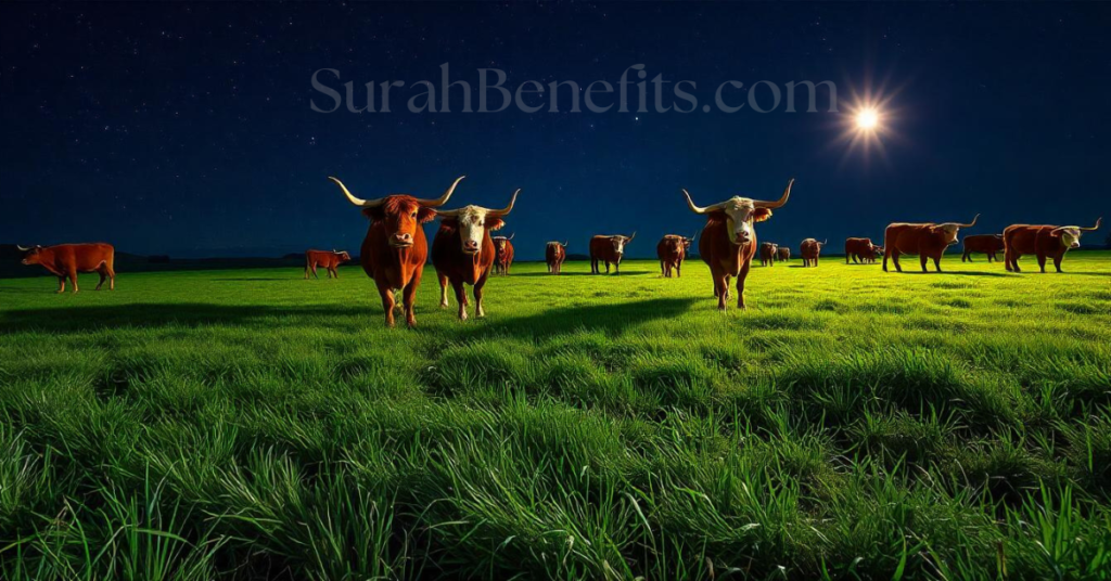 A serene image of cattle grazing on green grass at night, symbolizing the blessings of livestock and natural signs mentioned in Surah Al-Anaam from the Quran.