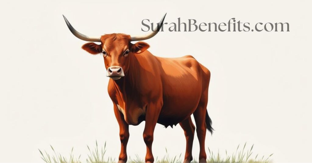 A red cow standing on vibrant green grass, representing the red cow mentioned in Surah Al-Baqarah from the Quran.